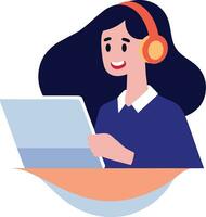 Hand Drawn Office worker with headphones in concept Support Center in flat style vector