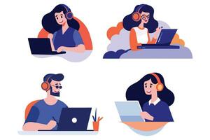 Hand Drawn Office worker with headphones in concept Support Center in flat style vector