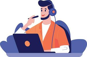 Hand Drawn Office worker with headphones in concept Support Center in flat style vector