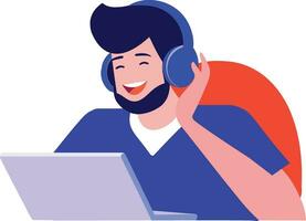 Hand Drawn Office worker with headphones in concept Support Center in flat style vector