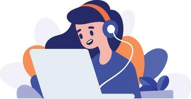 Hand Drawn Office worker with headphones in concept Support Center in flat style vector