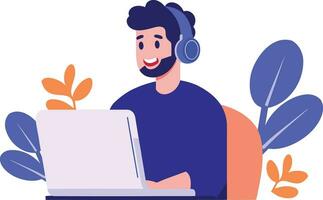 Hand Drawn Office worker with headphones in concept Support Center in flat style vector