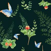 Seamless watercolor pattern with cloudberry leaves and berries, fern, green branches, blue butterfly. Botanical summer hand drawn illustration on dark blue background. vector