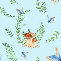 Seamless watercolor pattern with porcini mushrooms, fern, green branches and blue butterfly. Botanical summer hand drawn illustration on blue background. Can be used for gift wrapping paper vector