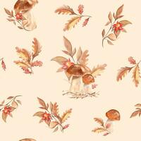 Seamless watercolor pattern with porcini mushrooms, oak leaves and branch with red flower on beige backgound. Botanical summer hand drawn illustration. Can be used for gift wrapping paper vector