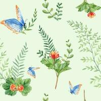 Seamless watercolor pattern with cloudberry leaves and berries, fern, green branches, blue butterfly. Botanical summer hand drawn illustration on green background. Can be used for gift wrapping paper vector