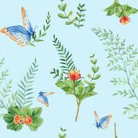 Seamless watercolor pattern with cloudberry leaves and berries, fern, green branches, blue butterfly. Botanical summer hand drawn illustration on blue background. Can be used for gift wrapping paper vector