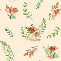 Seamless watercolor pattern with porcini mushrooms, fern, green branches and red flower on beige background. Botanical summer hand drawn illustration. Can be used for gift wrapping paper vector