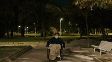 handicapé garçon dans fauteuil roulant dans le parc dans en retard soir video