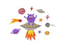 UFO, alien. Vector set of space elements, spaceship, comet, planets, stars, space, asteroid, bolide. Comic cartoon illustrations isolated on white. Concepts for children print.