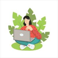 Man with laptop. with an open laptop on the street, in the park, in nature. Young woman working on a laptop computer Vector illustration, background is isolated.