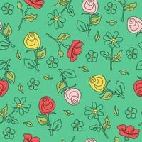 Flower pattern  line art. Roses, poppies and daisies, contour drawings on a green background. vector