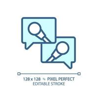 2D pixel perfect editable blue media interview icon, isolated vector, thin line illustration representing journalism. vector