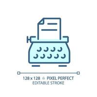 2D pixel perfect editable blue typewriter icon, isolated vector, thin line illustration representing journalism. vector