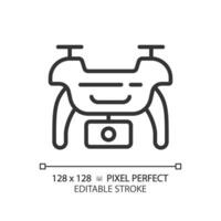 2D pixel perfect editable black drone icon, isolated vector, thin line illustration representing journalism. vector