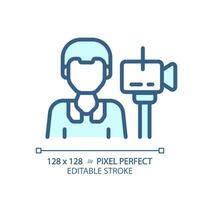 2D pixel perfect editable blue cameraman icon, isolated vector, thin line illustration representing journalism. vector