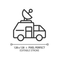 2D pixel perfect editable black news satellite van icon, isolated vector, thin line illustration representing journalism. vector