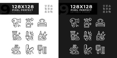 2D pixel perfect collection of icons representing haircare, editable dark and light thin line illustration. vector