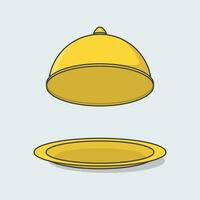 Trays With Cloche Cartoon Vector Illustration. Golden Restaurant Cloche Food Flat Icon Outline