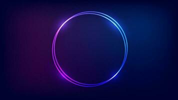 Neon double round frame with shining effects on dark background. Empty glowing techno backdrop. Vector illustration.