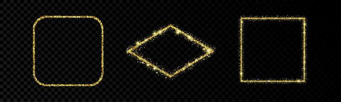 Shiny frames with glowing effects. Set of three glitter gold square, rounded square and rhombus frames on background. Vector illustration