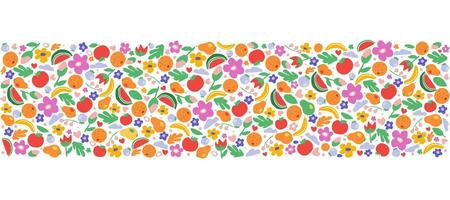 Horizontal ornament with different simple elements and shapes. Fruits, flowers, berries, plants in random order for summer print. Vector graphics.