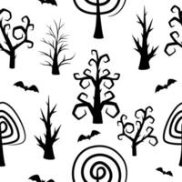 Halloween seamless pattern with tree, bat. Vector illustration.