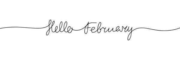 Hello February one line continuous text. Text banner winter. Line art winter short phrase handwriting monoline. Vector illustration.