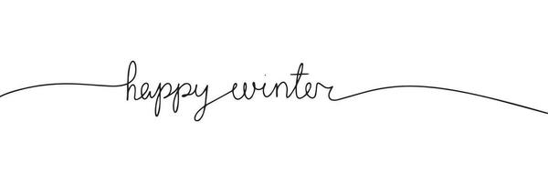 Happy winter one line continuous text. Text banner winter. Line art winter short phrase handwriting monoline. Vector illustration.