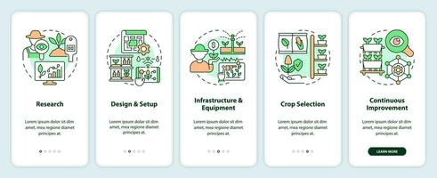 2D linear icons representing vertical farming mobile app screen set. 5 steps graphic instructions, UI, UX, GUI template. vector