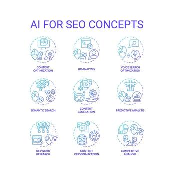 2D gradient icons set representing AI for SEO concepts, isolated vector, thin line colorful illustration. vector