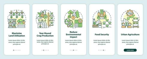 Delgado línea íconos representando vertical agricultura y hidroponia móvil aplicación pantalla colocar. 5 5 pasos gráfico instrucciones, ui, ux, gui modelo. vector