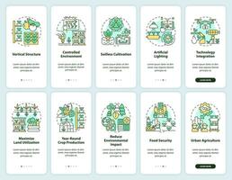 2D icons representing vertical farming and hydroponics mobile app screen set. Walkthrough 5 steps colorful graphic instructions with linear concepts, UI, UX, GUI template. vector