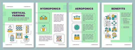 2d vertical agricultura verde folleto plantilla, folleto diseño con Delgado línea iconos 4 4 vector diseños representando tipos y beneficios.