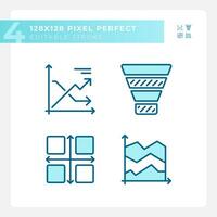 Marketing charts light blue icons. Sales analysis. Social media. Business strategy. Process improvement. RGB color. Website icons set. Simple design element. Contour drawing. Line illustration vector