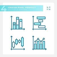 Stock market light blue icons. Money charts. Investment strategy. Financial data. Trading company. RGB color. Website icons set. Simple design element. Contour drawing. Line illustration vector