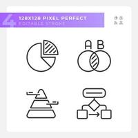 Data presentation linear icons set. Charts and diagrams. Marketing report. Business decision. Project management. Customizable thin line symbols. Isolated vector outline illustrations. Editable stroke