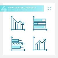 Business performance light blue icons. Economic research. Financial analysis. Data analytics. RGB color. Website icons set. Simple design element. Contour drawing. Line illustration vector