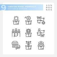 2D pixel perfect black icons set representing product management, editable thin line illustration. vector