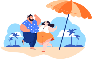Hand Drawn overweight Tourists relaxing by the sea on vacation in flat style png