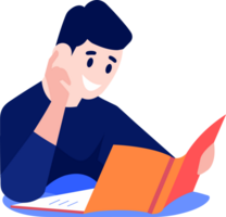 mano dibujado niño personaje leyendo un libro en plano estilo png