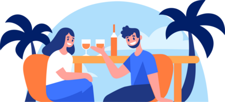 Hand gezeichnet Paar haben ein trinken beim ein Bar durch das Meer im eben Stil png