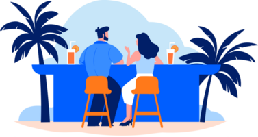 Hand Drawn couple having a drink at a bar by the sea in flat style png