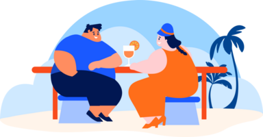 Hand Drawn Overweight couple having a drink at a bar by the sea in flat style png