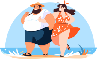 Hand Drawn overweight Tourists relaxing by the sea on vacation in flat style png