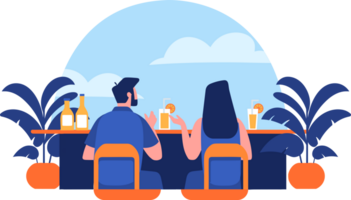 Hand Drawn couple having a drink at a bar by the sea in flat style png