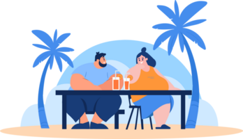 Hand Drawn Overweight couple having a drink at a bar by the sea in flat style png
