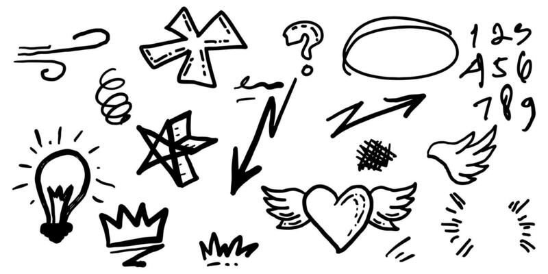 Hand drawn set of doodle emphasis elements. Bulb, star, arrow, heart, highlight text, crown. vector illustration