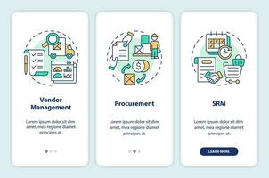 2D icons representing vendor management mobile app screen set. Walkthrough 3 steps colorful graphic instructions with thin line icons concept, UI, UX, GUI template. vector