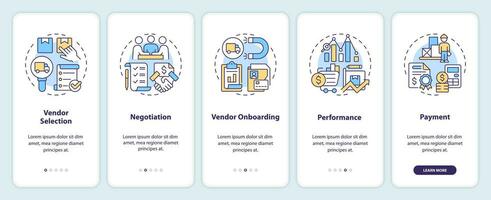 2D icons representing vendor management mobile app screen set. Walkthrough 5 steps multicolor graphic instructions with linear icons concept, UI, UX, GUI template. vector